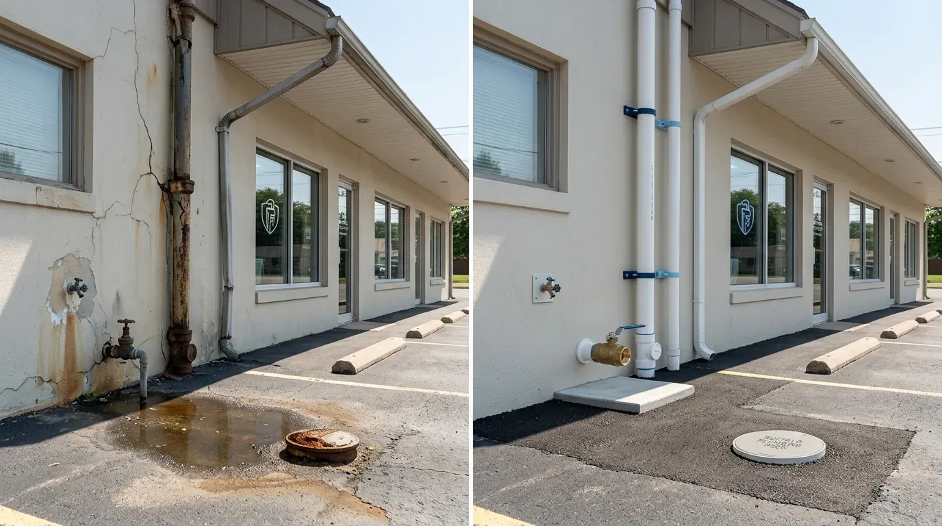 Before and after: a rusted exterior pipe and flooded drain cover beside a building, replaced with new white piping and a flush drain cap