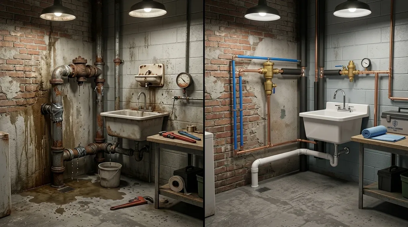 Before and after: a basement utility room with rusted leaking pipes, updated with new copper and PEX piping and a clean utility sink