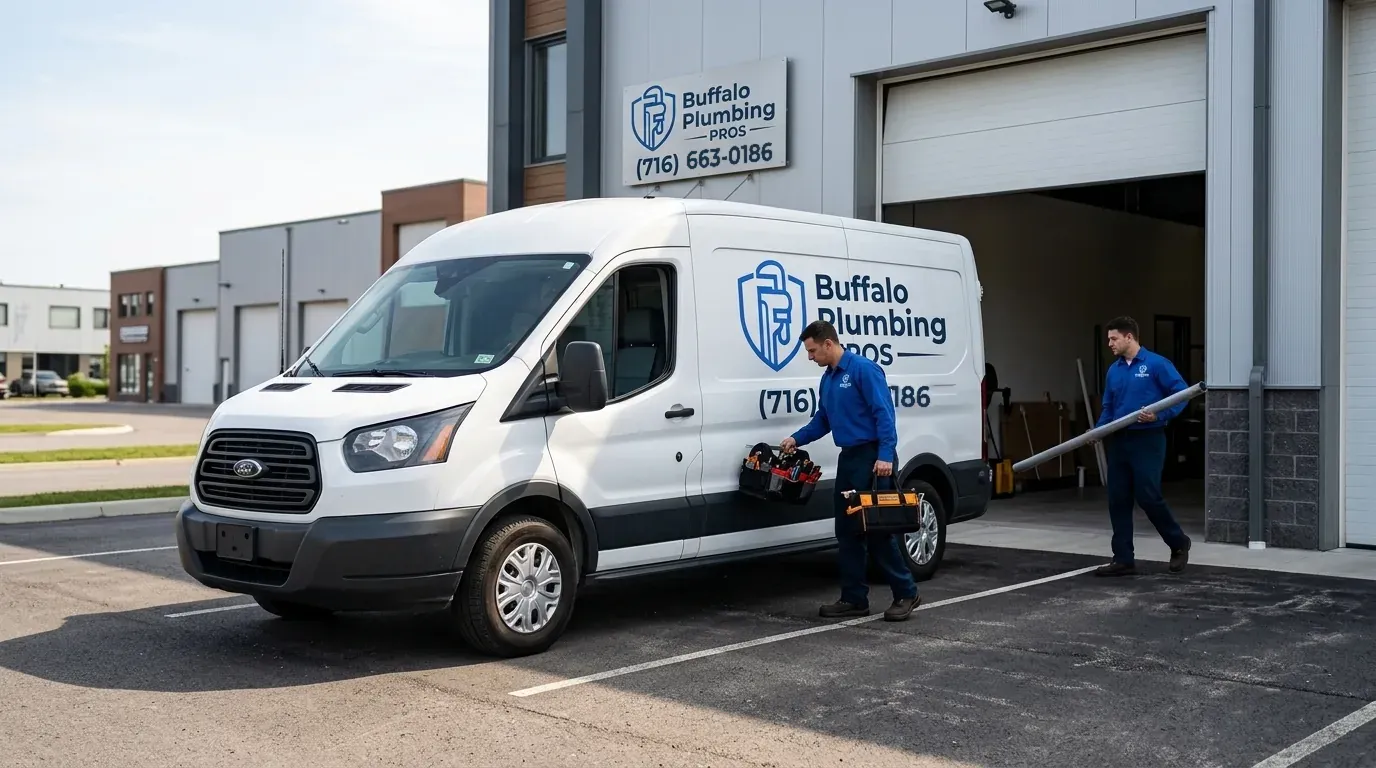 Buffalo Plumbing PROS branded service van parked outside the shop with a technician loading equipment