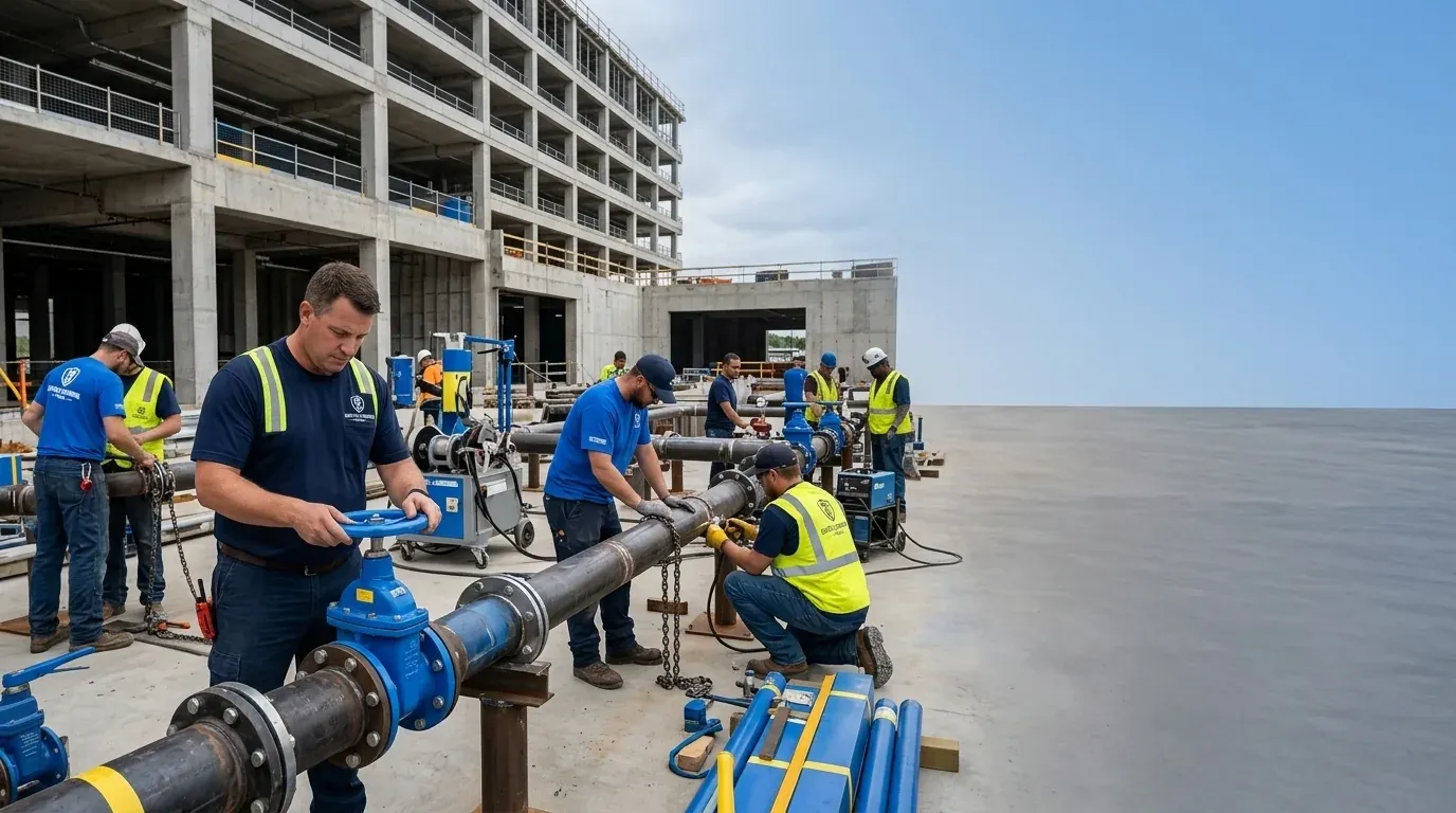 Crew of plumbers installing large water main pipe and a gate valve at a building site