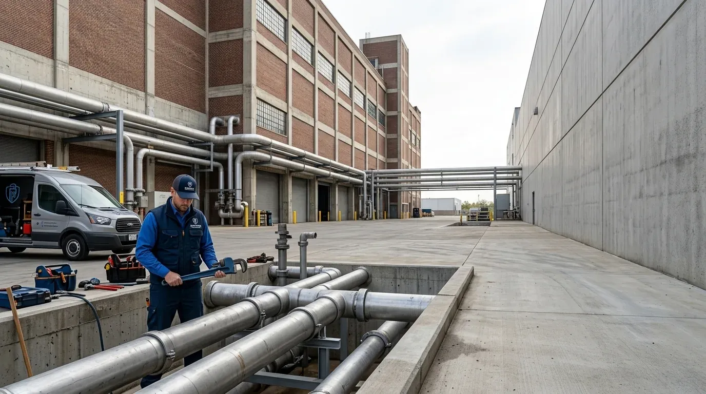 Plumber working on a large outdoor pipe manifold beside a building