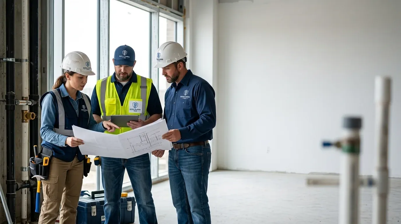 Three plumbers in hard hats reviewing building plans inside an unfinished building with exposed pipework