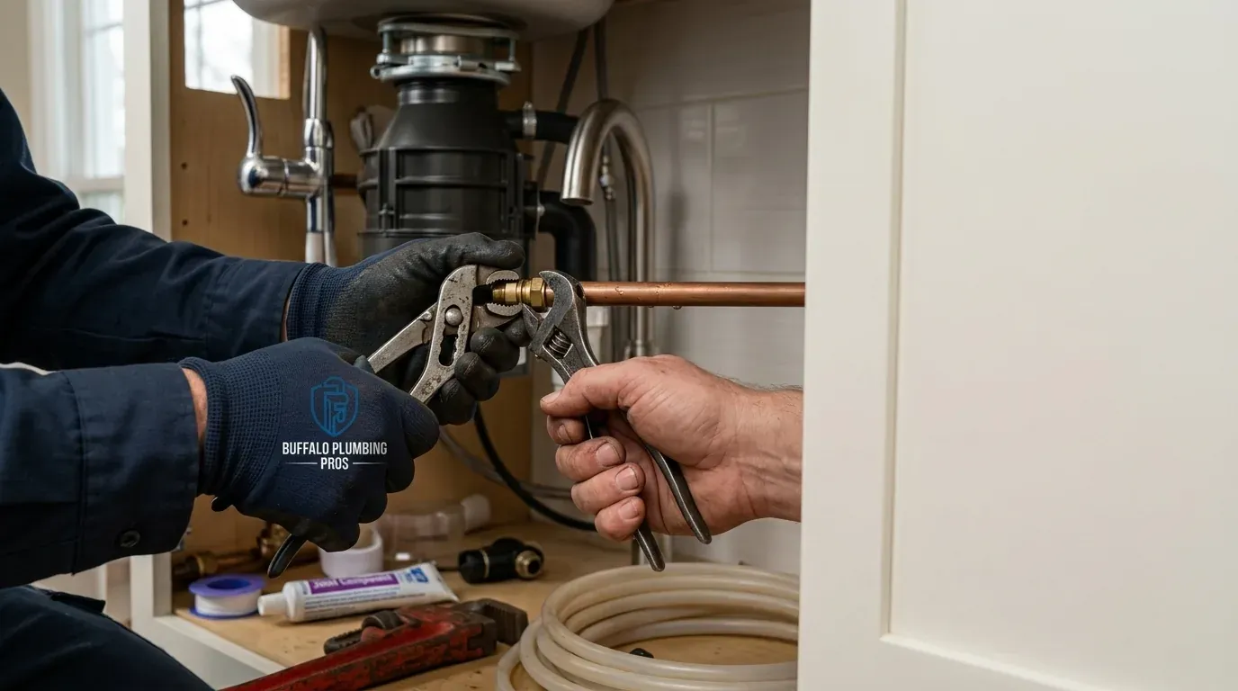 Gloved hands using pliers on a kitchen sink supply line next to a garbage disposal