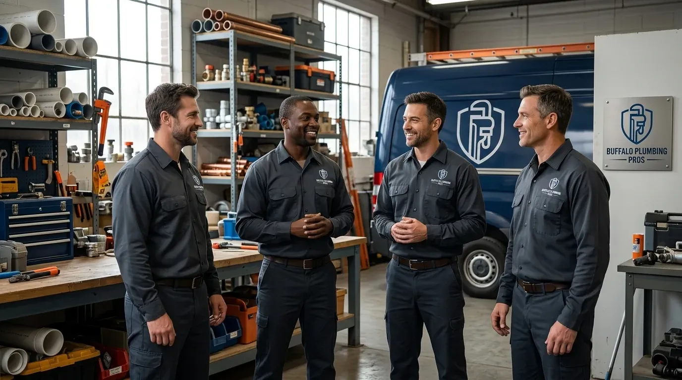 Four Buffalo Plumbing PROS plumbers talking together in the workshop