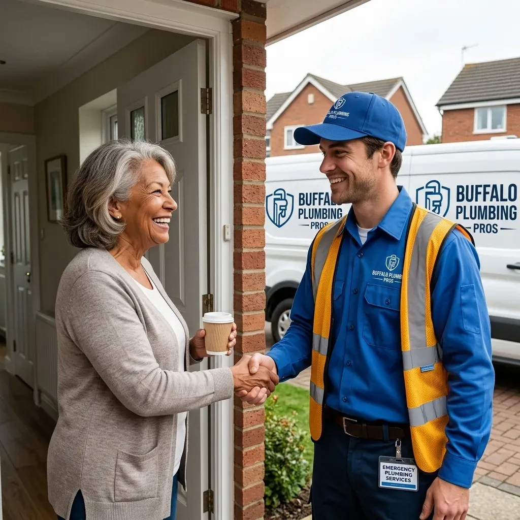 A Buffalo Plumbing PROS technician in a blue uniform shaking hands with a smiling homeowner at her front door